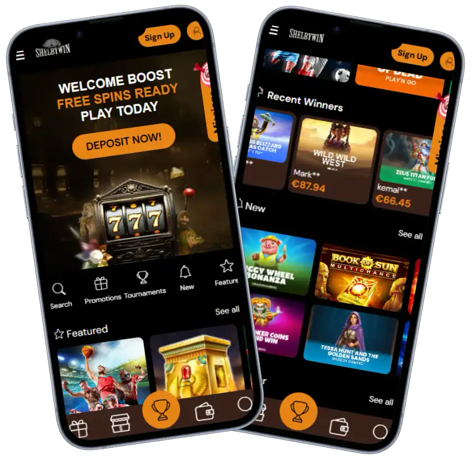 ShelbyWin Casino mobile version showing welcome promotions, featured slot games, recent winners and navigation menus