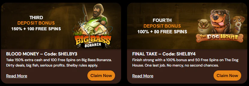 ShelbyWin Casino third and fourth deposit bonuses offering 150% plus 100 free spins on Big Bass Bonanza and 100% plus 50 free spins on The Dog House